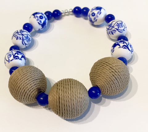 Rustic Delft Holland Blue Painted Ceramic Stretch Bracelet